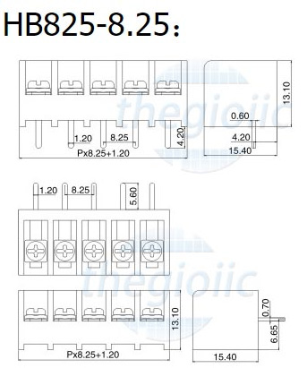 HB8.25-2 Terminal Khối Hàn PCB 2 Cực 20A 300V 8.25mm Hàn PCB